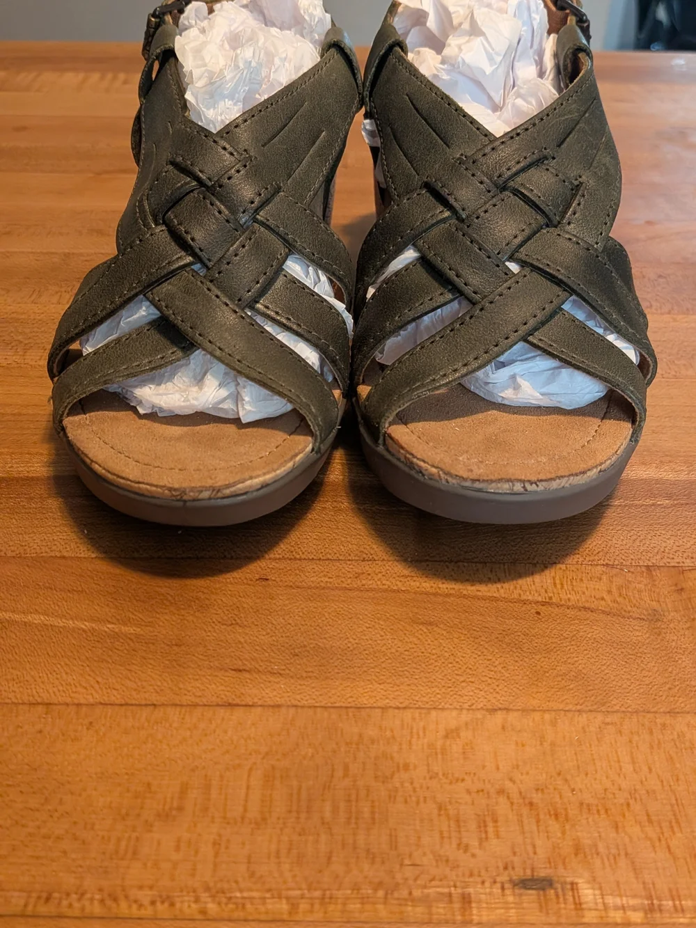 NWT Bussola Nynette Khaki Green Woven Leather Cork Wedge Sandals Size 37 (US 7)